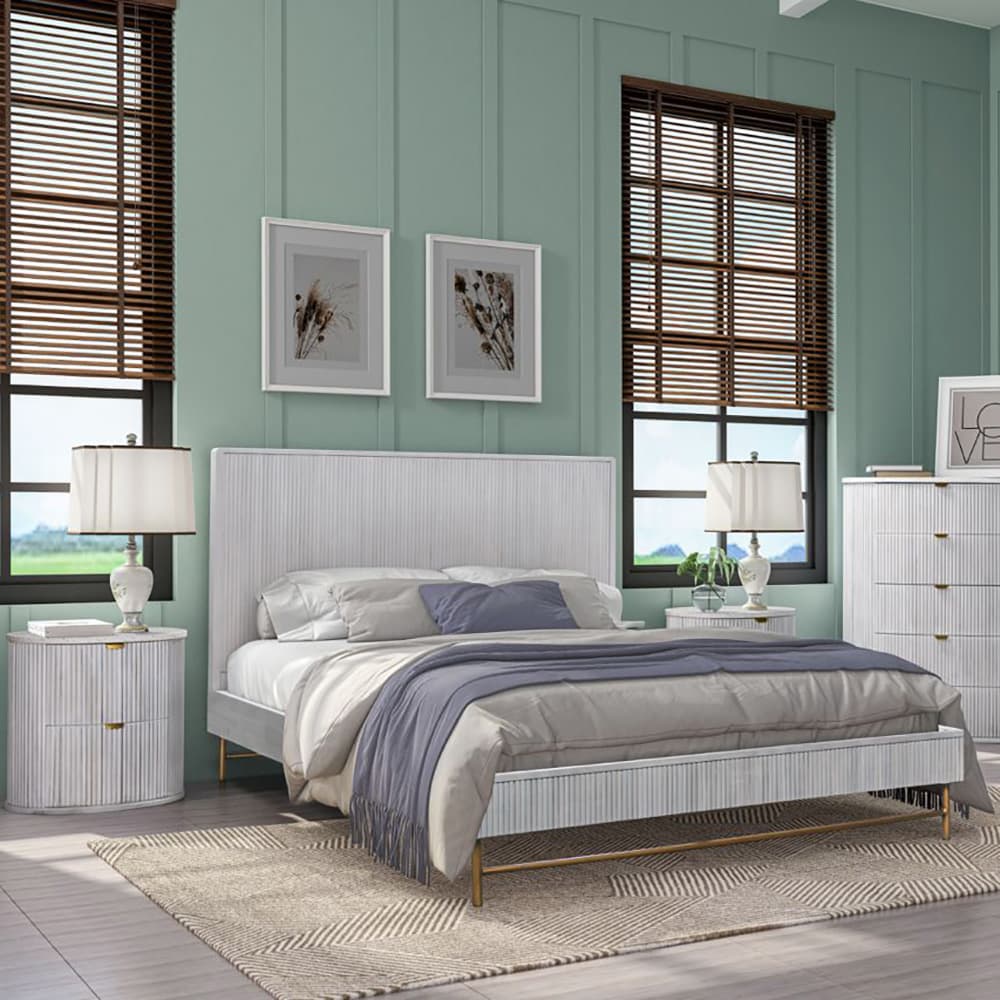 Lifestyle image of the  Razzo Bedside Table 2Drw Whitewash from Forty Winks