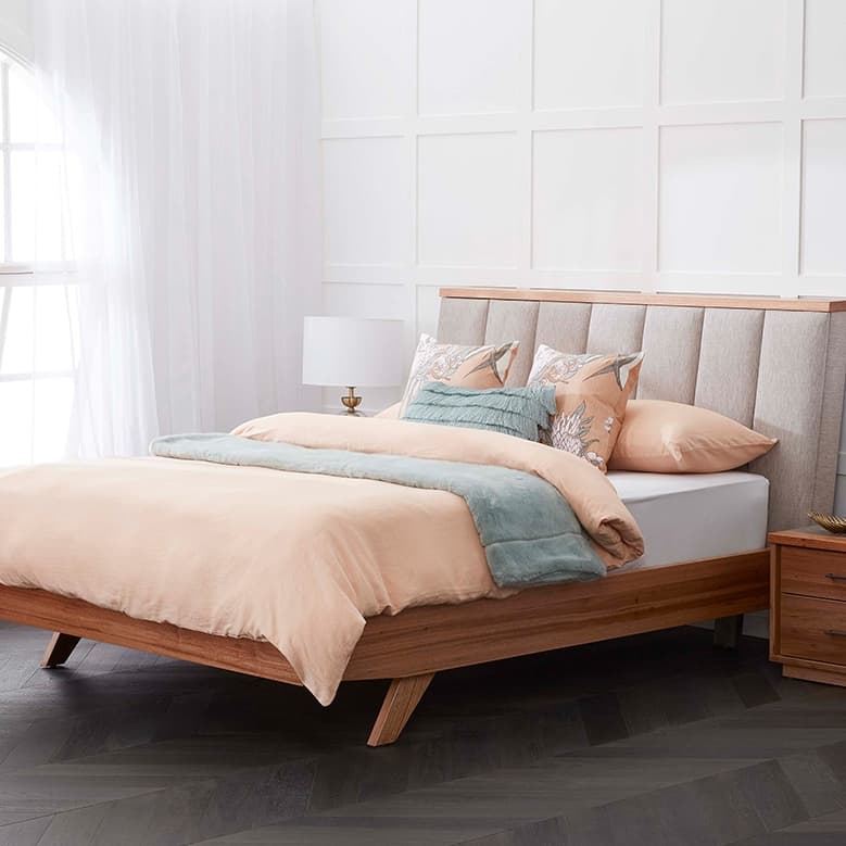 Lifestyle image of the  Alexa Qb Bed W/Upholstered Head (Native, Blaze Stone) from Forty Winks