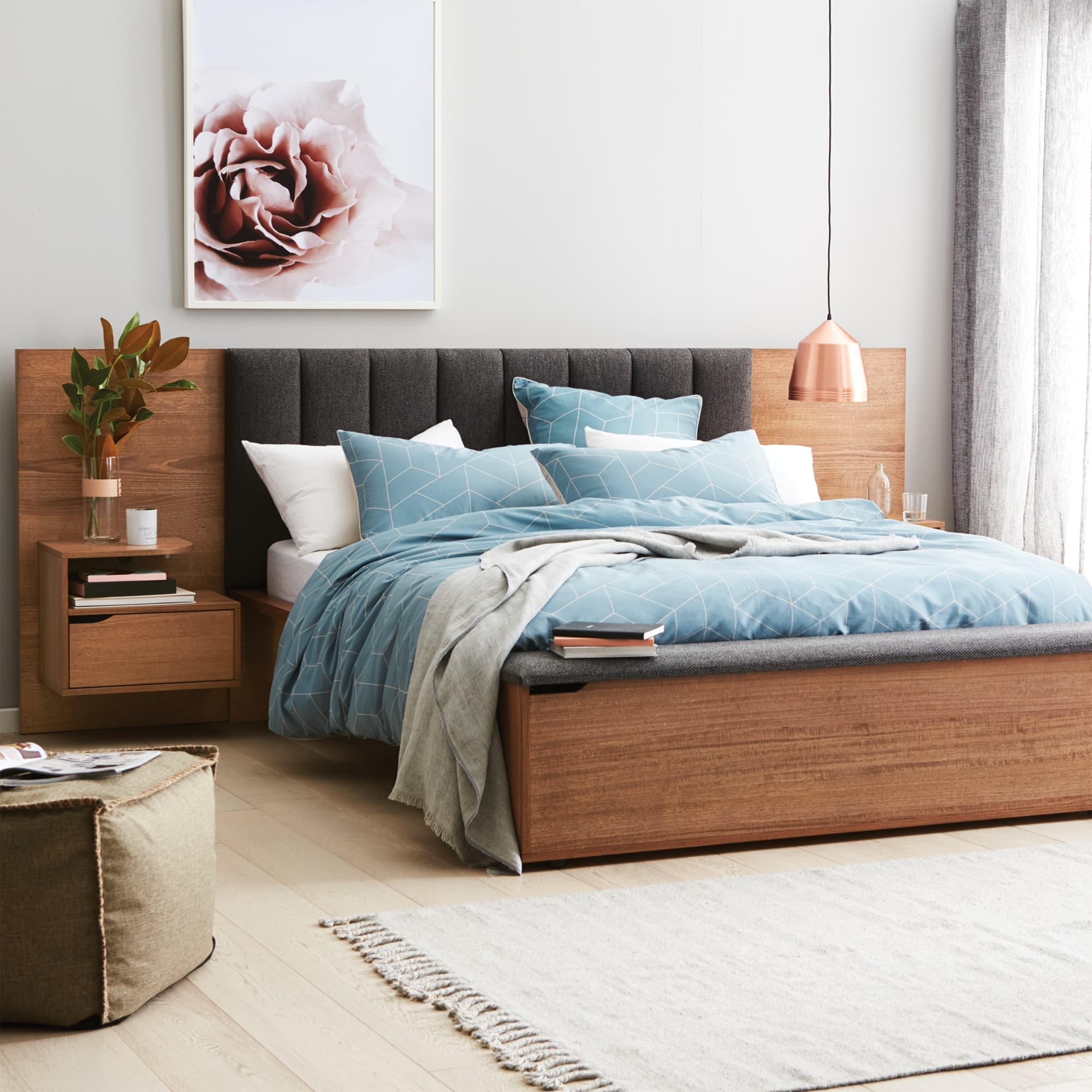 Lifestyle image of the  Lincoln Qb Bed W/Upholstered Head, Storage Foot Box (Latte, Warwick Checkmate Slate) from Forty Winks