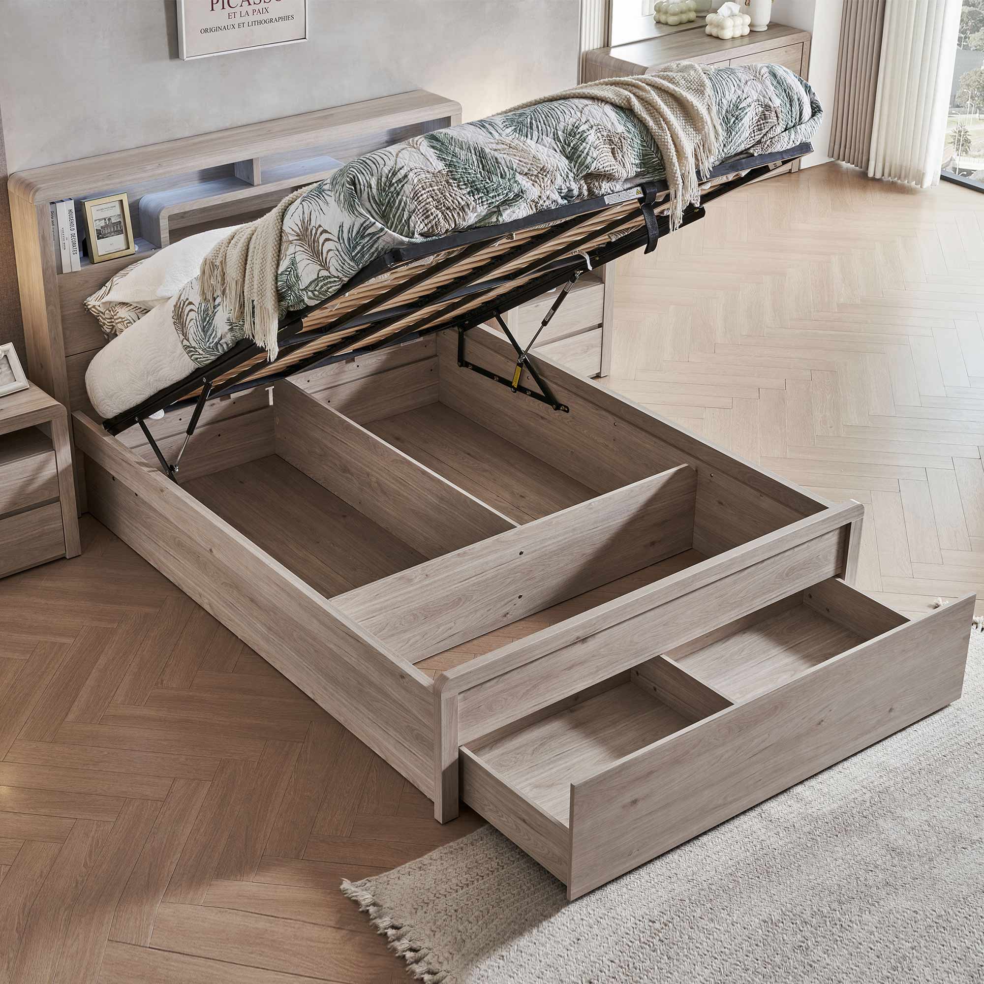 Lifestyle image of the  Aria (Milan Oak) Qb Bed W/Front Slat Lift & End Drawer from Forty Winks
