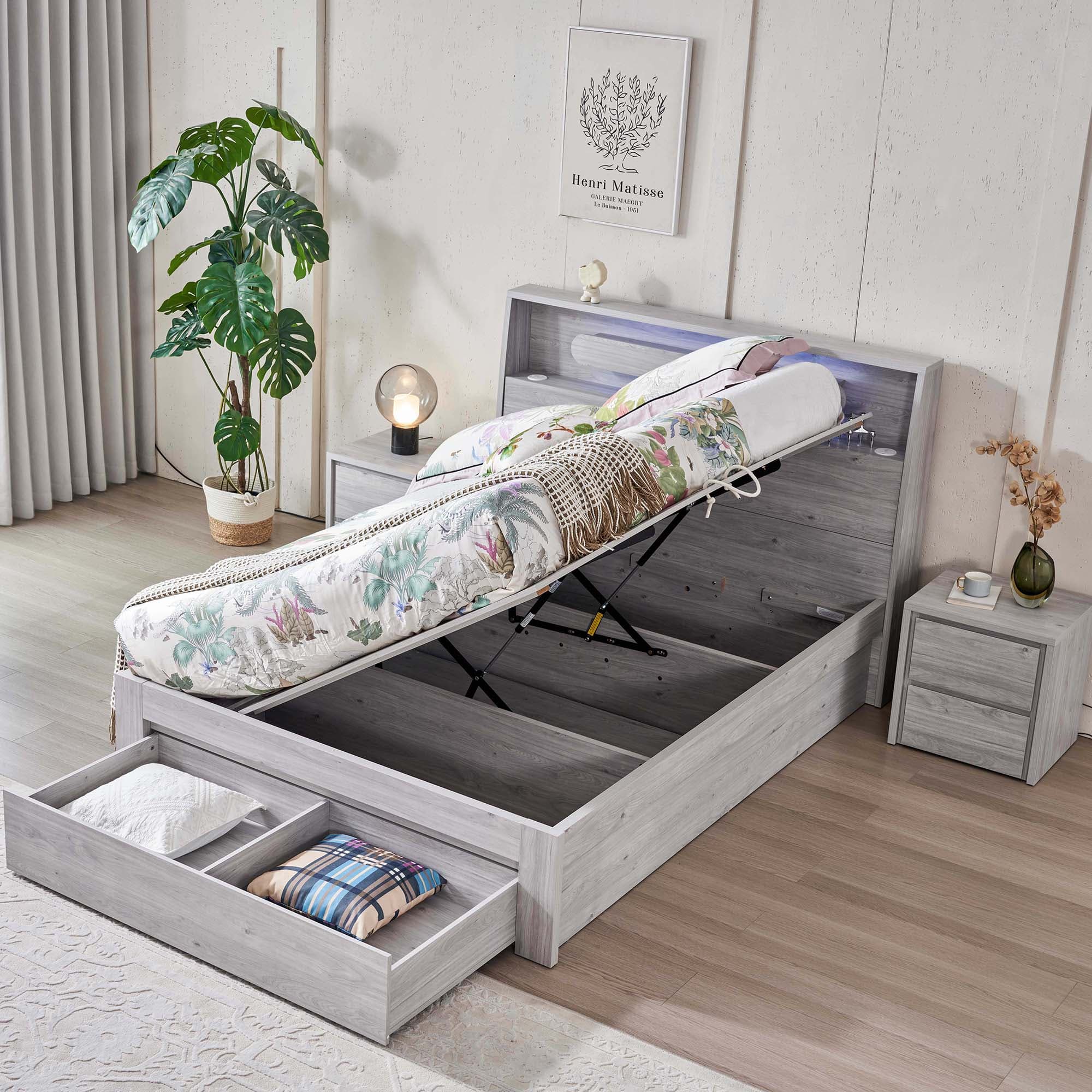 Lifestyle image of the  Nova Stone Oak Qb Bed W/Side Board Lift & End Drawer from Forty Winks