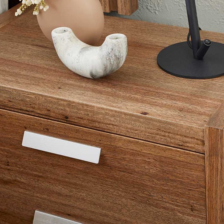 Lifestyle image of the  Bentley Bedside Table 2 Drawer  (Ghost Gum) from Forty Winks
