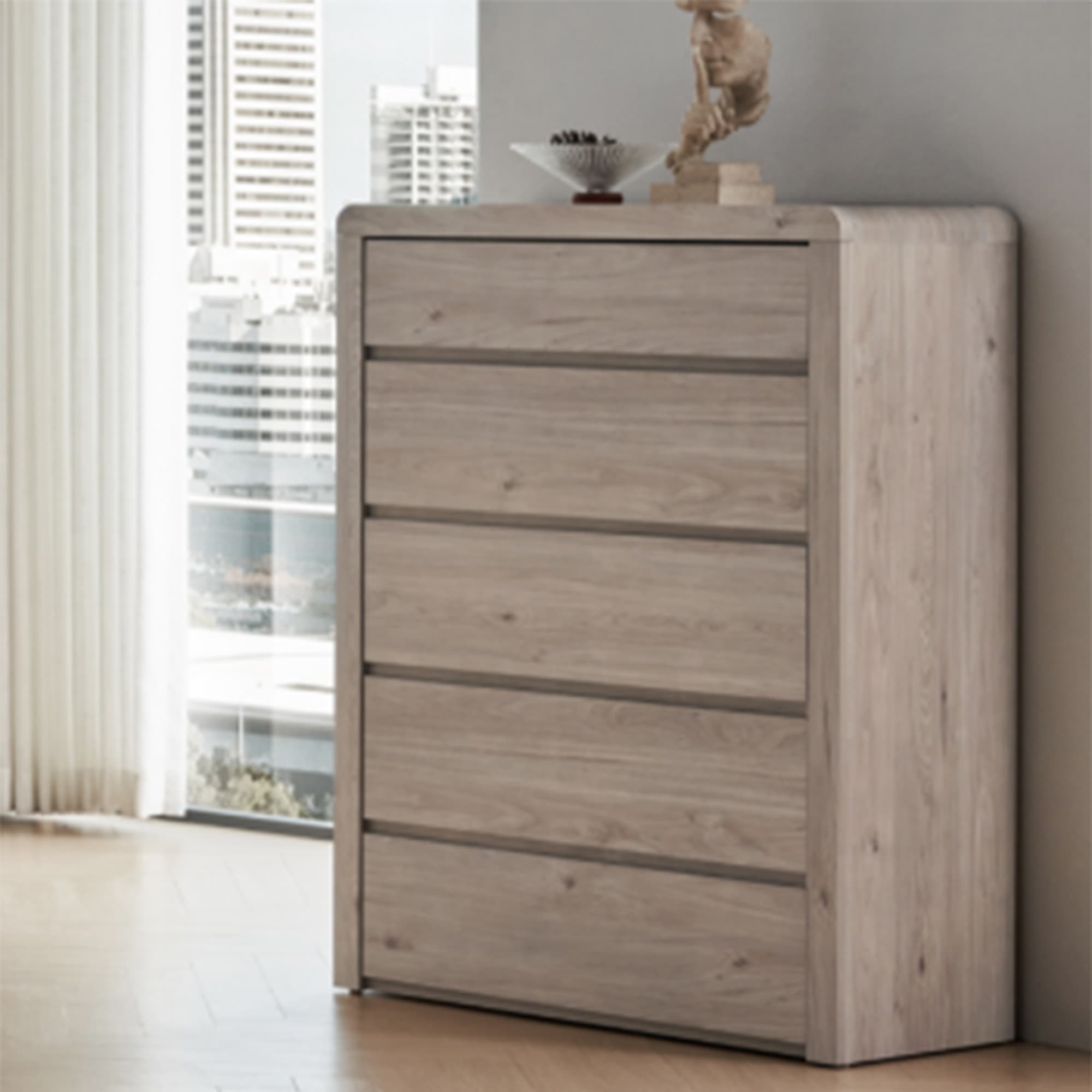 Lifestyle image of the  Aria (Milan Oak) Tallboy 5 Drawer from Forty Winks