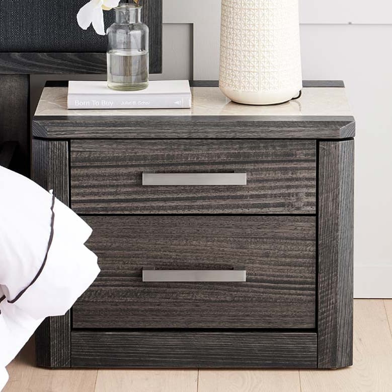 Lifestyle image of the  Maitland Bedside Table 2 Drw W/Tile In Top 480H (Charcoal) from Forty Winks
