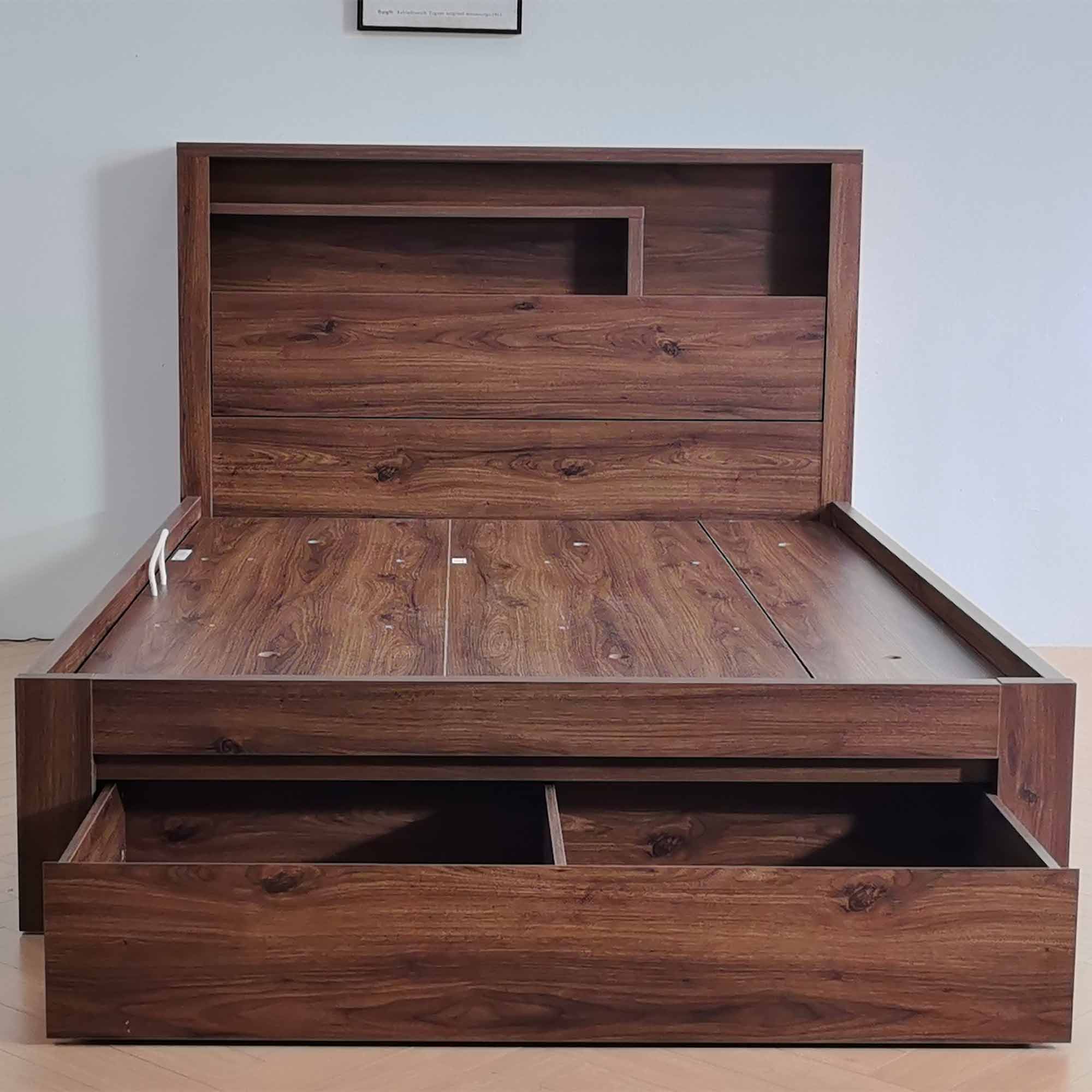Lifestyle image of the  Bellevue Rustic Walnut Qb Bed W/Side Gas Lift & End Drawer Base from Forty Winks