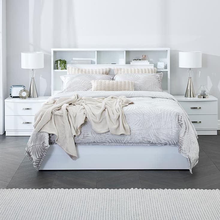 Lifestyle image of the  Argo Gloss White Qb Bed W/Gas Lift & End Drawer Base from Forty Winks