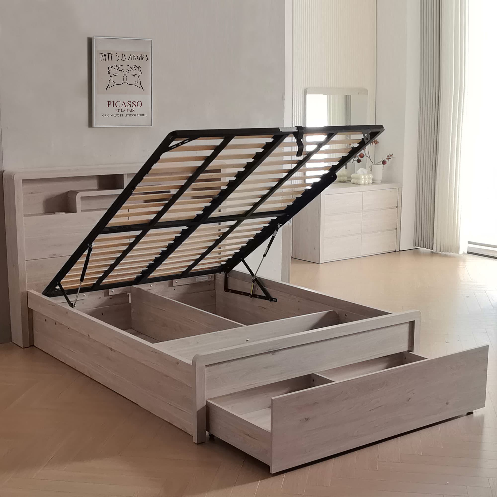Lifestyle image of the  Aria (Milan Oak) Qb Bed W/Front Slat Lift & End Drawer from Forty Winks