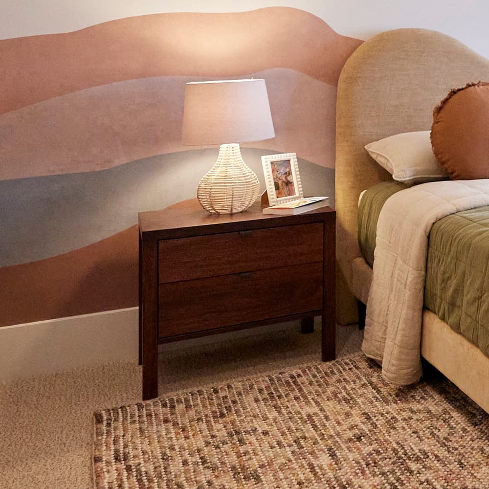 Lifestyle image of the  City X Bedside Table 2 Drw (Chocolate) from Forty Winks