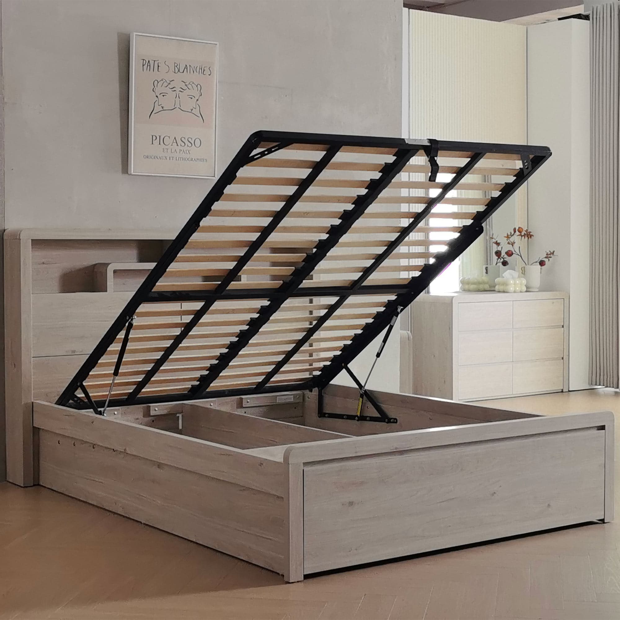 Lifestyle image of the  Aria (Milan Oak) Qb Bed W/Front Slat Lift & End Drawer from Forty Winks