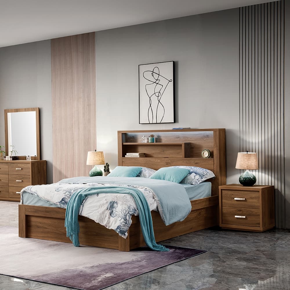 Lifestyle image of the  Bellevue Rustic Walnut Bedside Table from Forty Winks