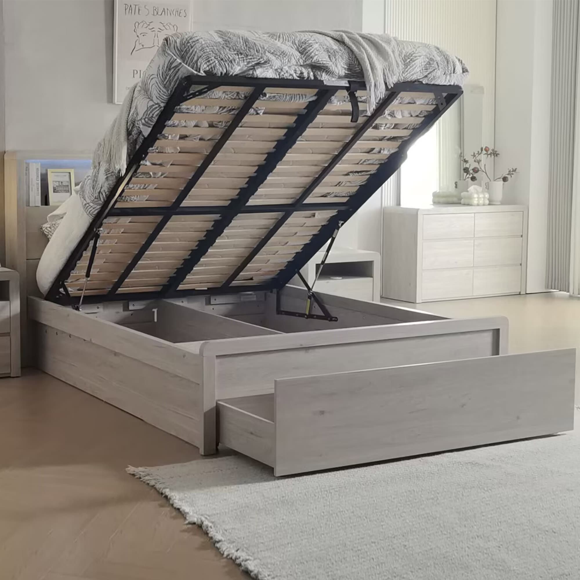 Lifestyle image of the  Aria (Milan Oak) Qb Bed W/Front Slat Lift & End Drawer from Forty Winks