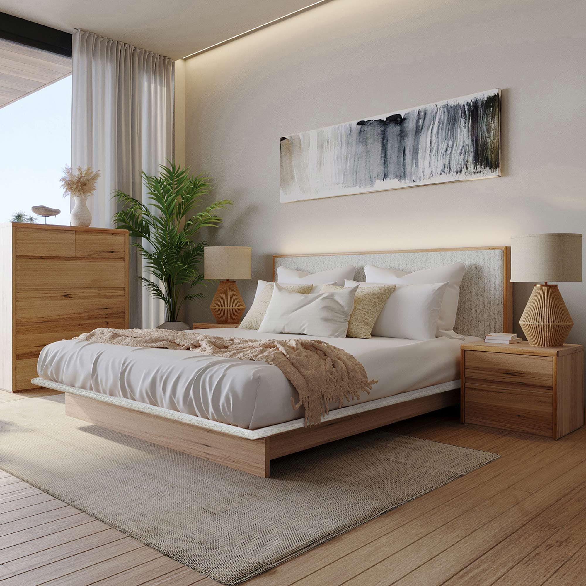Lifestyle image of the Soho Narrow Qb Bed W/Upholstered Base (Light Ash, Montague Alabaster) from Forty Winks