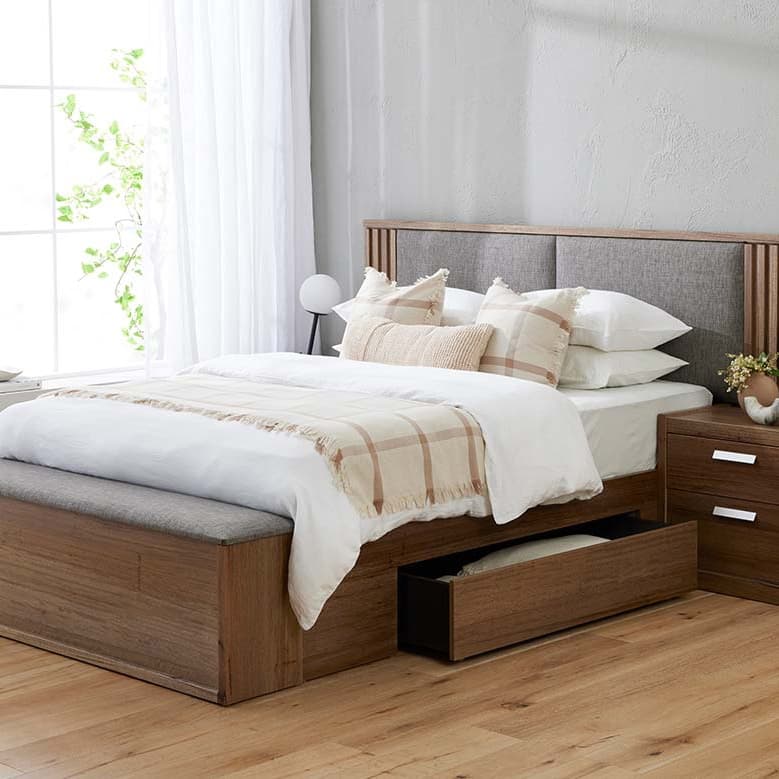 Lifestyle image of the  Bentley Qb Bed W/Blanket Box & East-West Drawer Base (Ghost Gum, Blaze Pepper) from Forty Winks
