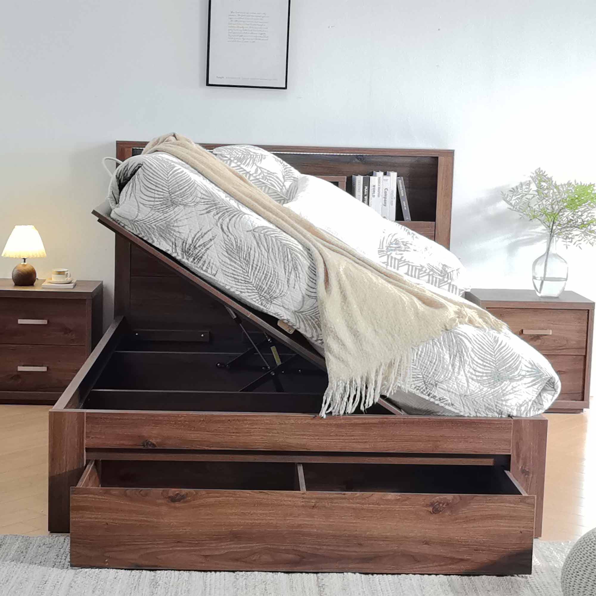 Lifestyle image of the  Bellevue Rustic Walnut Qb Bed W/Side Gas Lift & End Drawer Base from Forty Winks