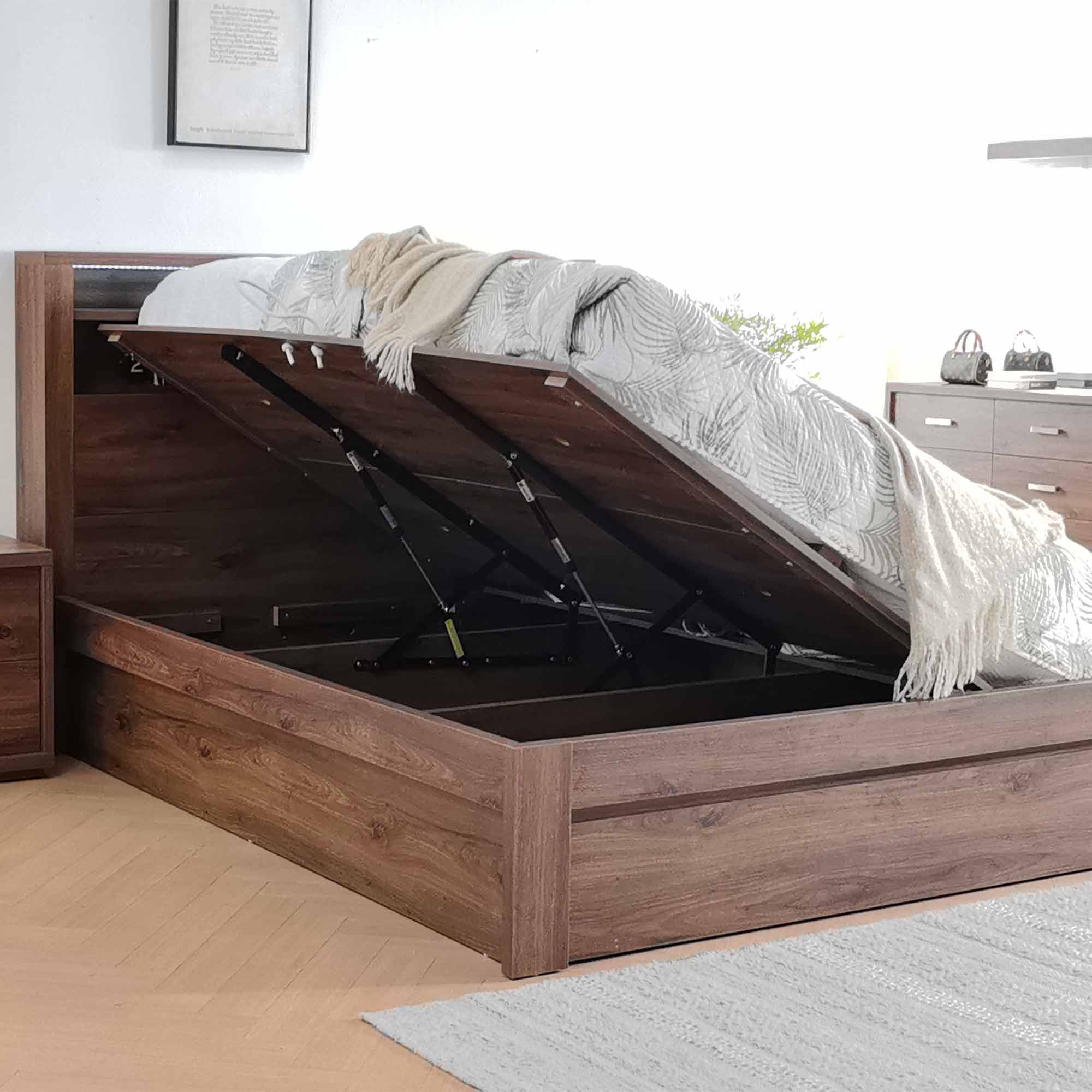 Lifestyle image of the  Bellevue Rustic Walnut Qb Bed W/Side Gas Lift & End Drawer Base from Forty Winks