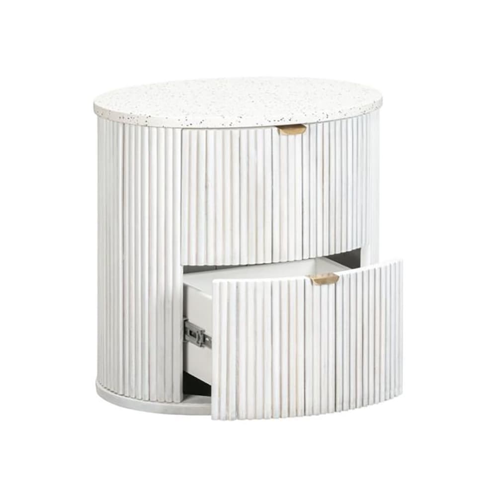 Lifestyle image of the  Razzo Bedside Table 2Drw Whitewash from Forty Winks