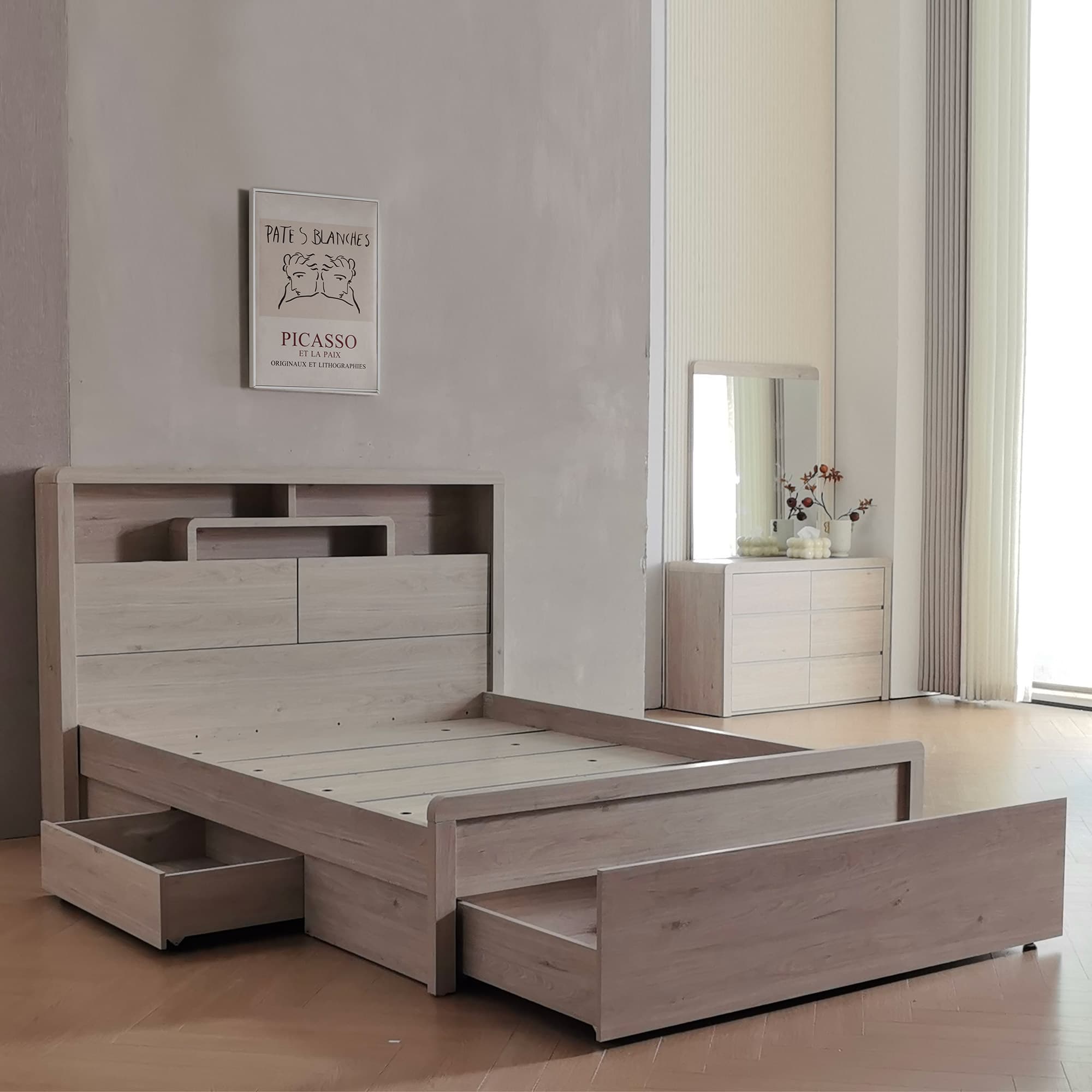 Lifestyle image of the  Aria (Milan Oak) Qb Bed W/3 Drawers from Forty Winks