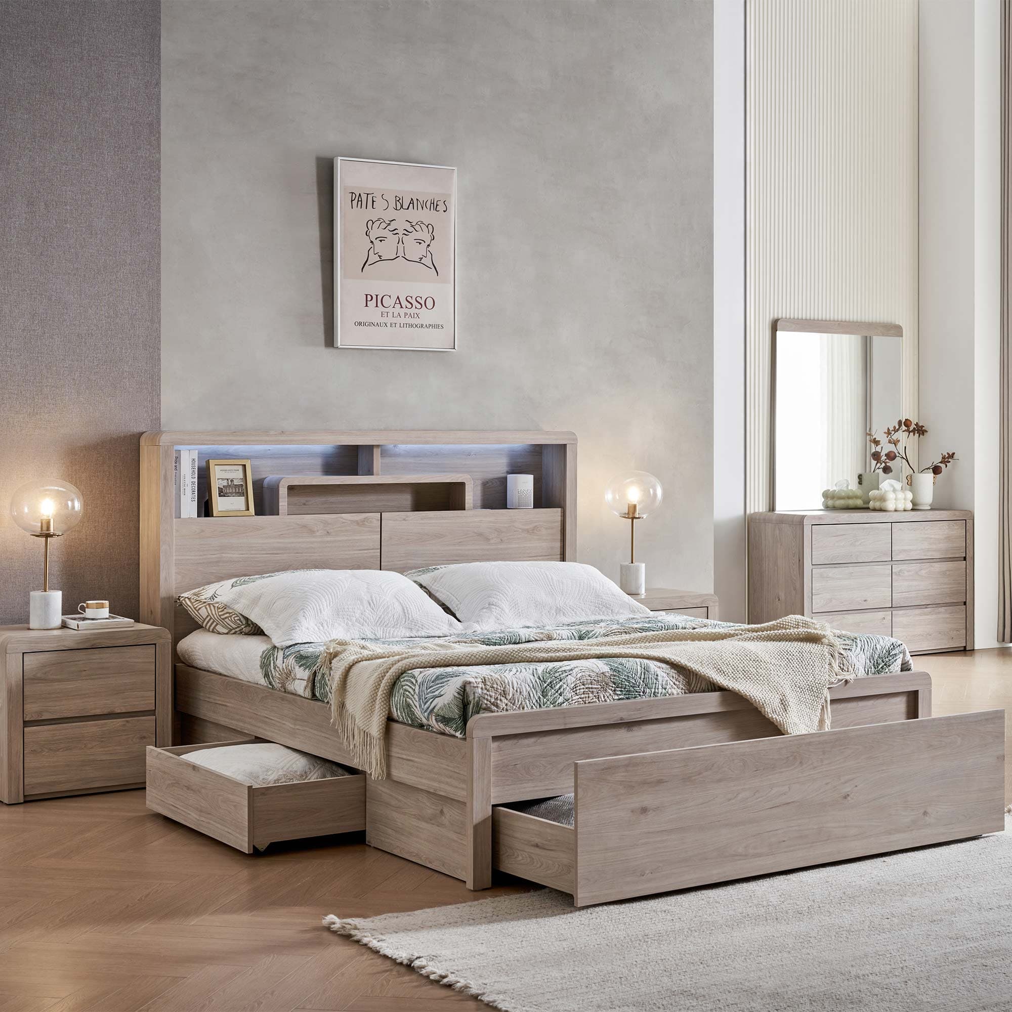 Lifestyle image of the  Aria (Milan Oak) Qb Bed W/3 Drawers from Forty Winks