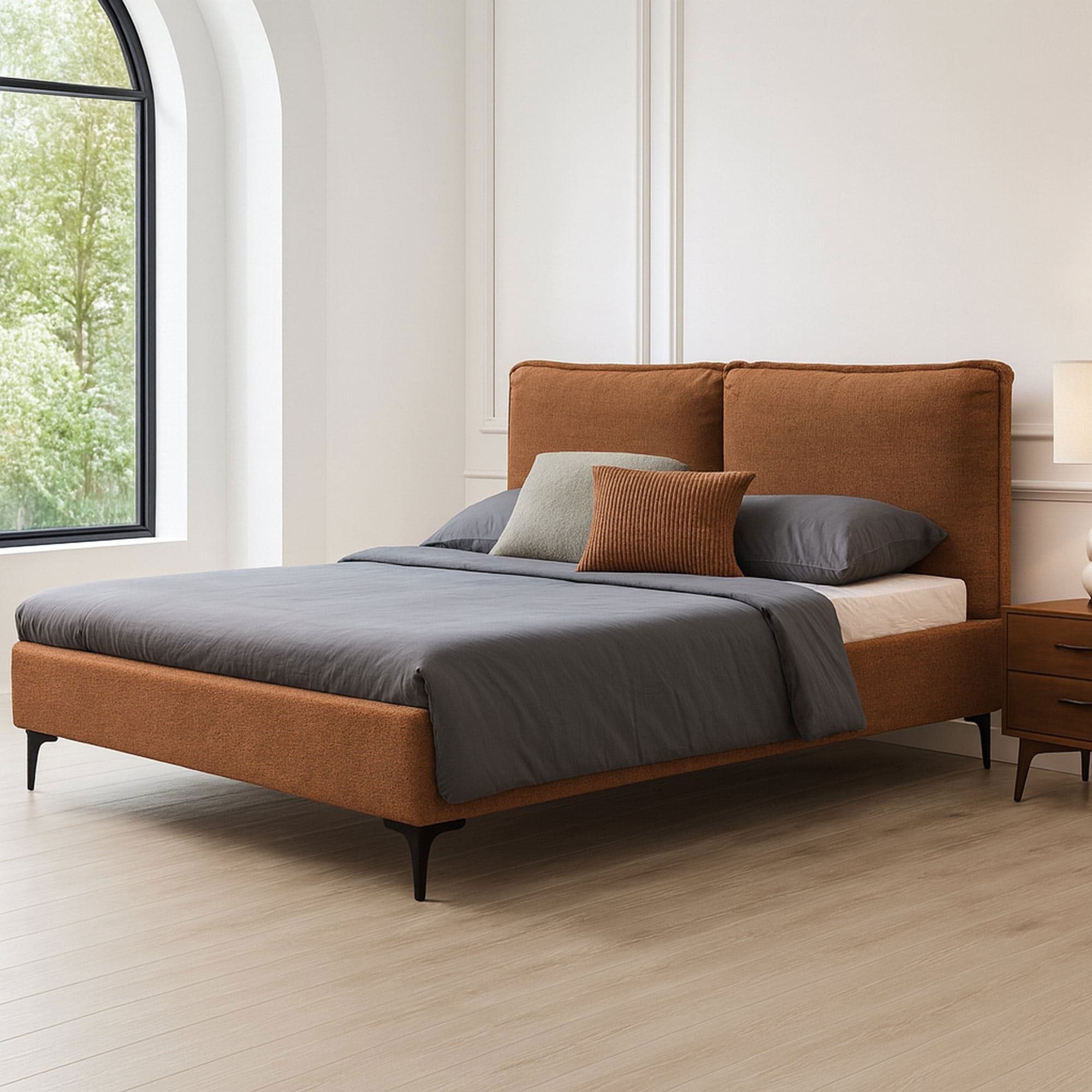 Lifestyle image of the  Lara Qb Upholstered Bed (Rust) from Forty Winks