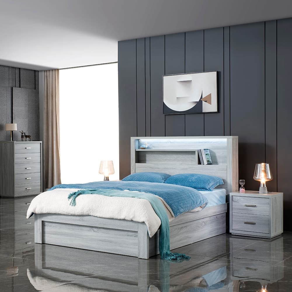 Lifestyle image of the  Bellevue Cement Grey Bedside Table from Forty Winks