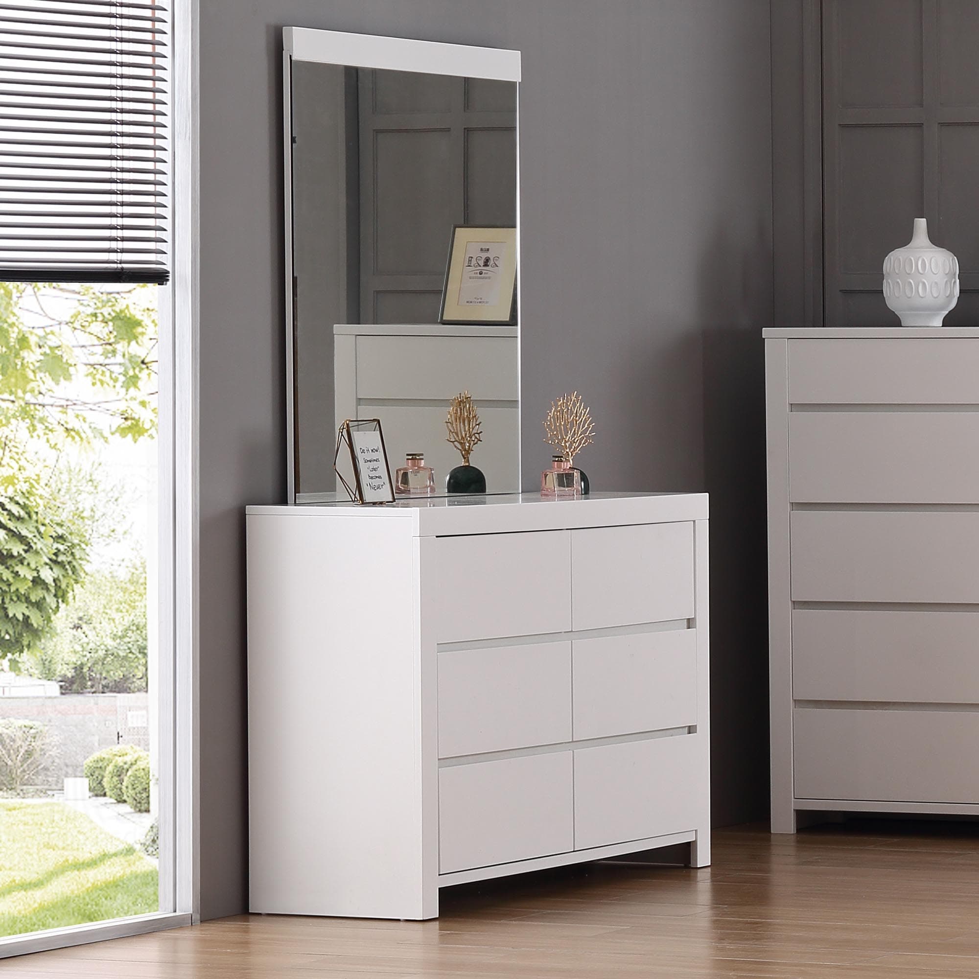 Lifestyle image of the  Lugano Ivory White Dresser 6 Drawer W/Mirror from Forty Winks
