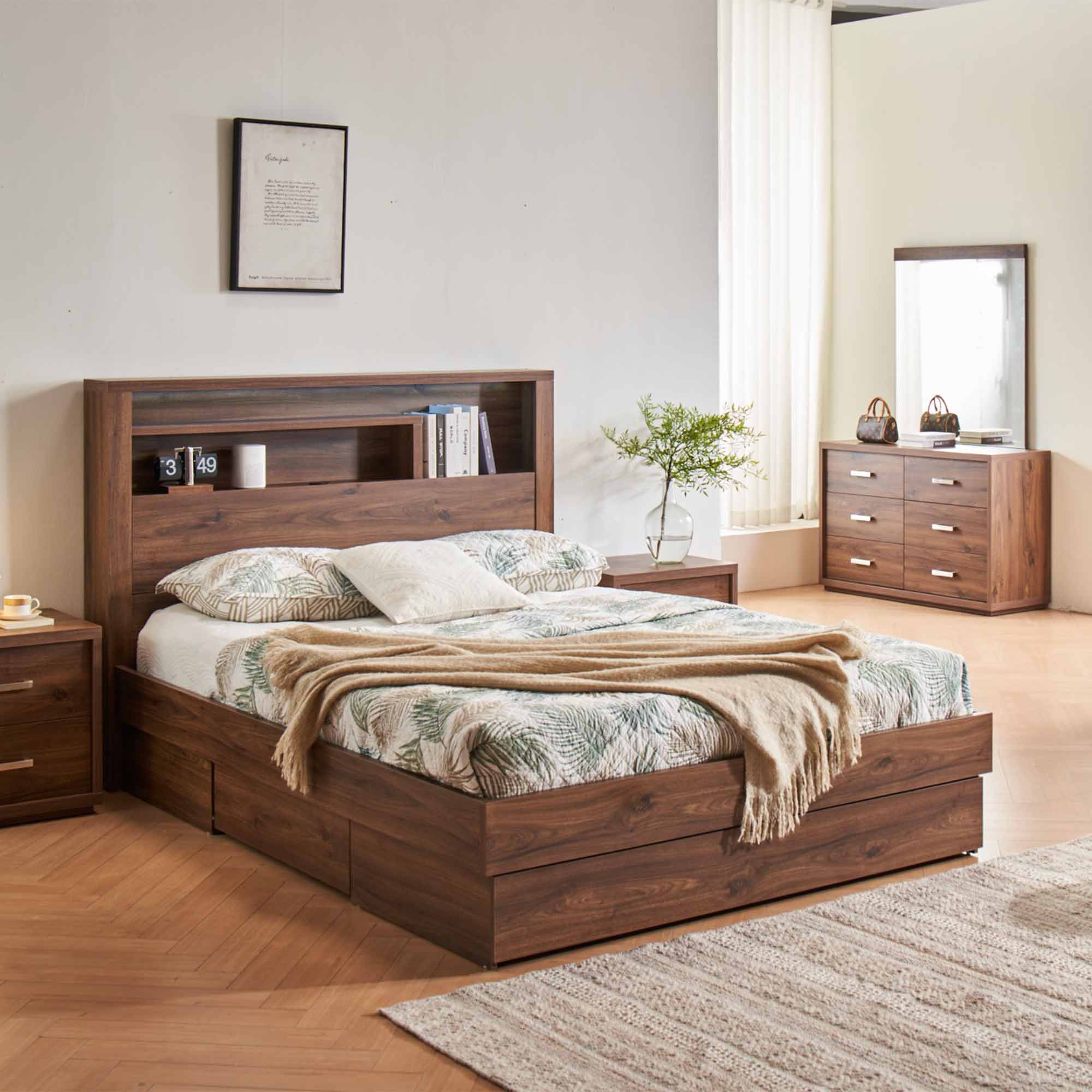 Lifestyle image of the  Bellevue Rustic Walnut Qb Bed W/3 Drawers Base from Forty Winks