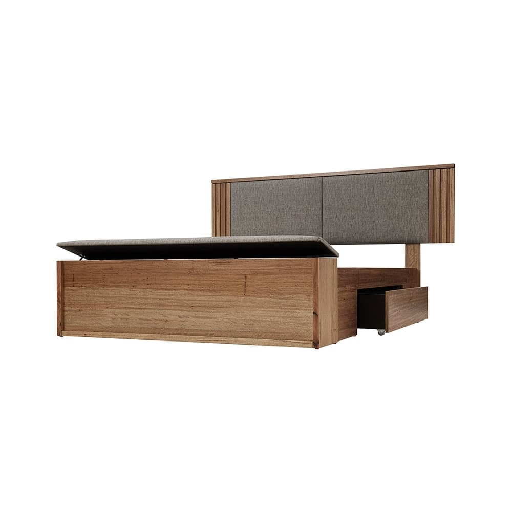 Lifestyle image of the  Bentley Qb Bed W/Blanket Box & East-West Drawer Base (Ghost Gum, Blaze Pepper) from Forty Winks