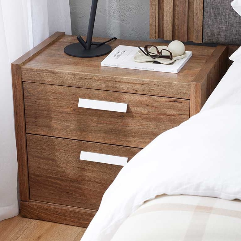 Lifestyle image of the  Bentley Bedside Table 2 Drawer  (Ghost Gum) from Forty Winks