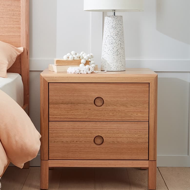 Lifestyle image of the  Airlie Bedside Table 2 Drw (Natural) from Forty Winks