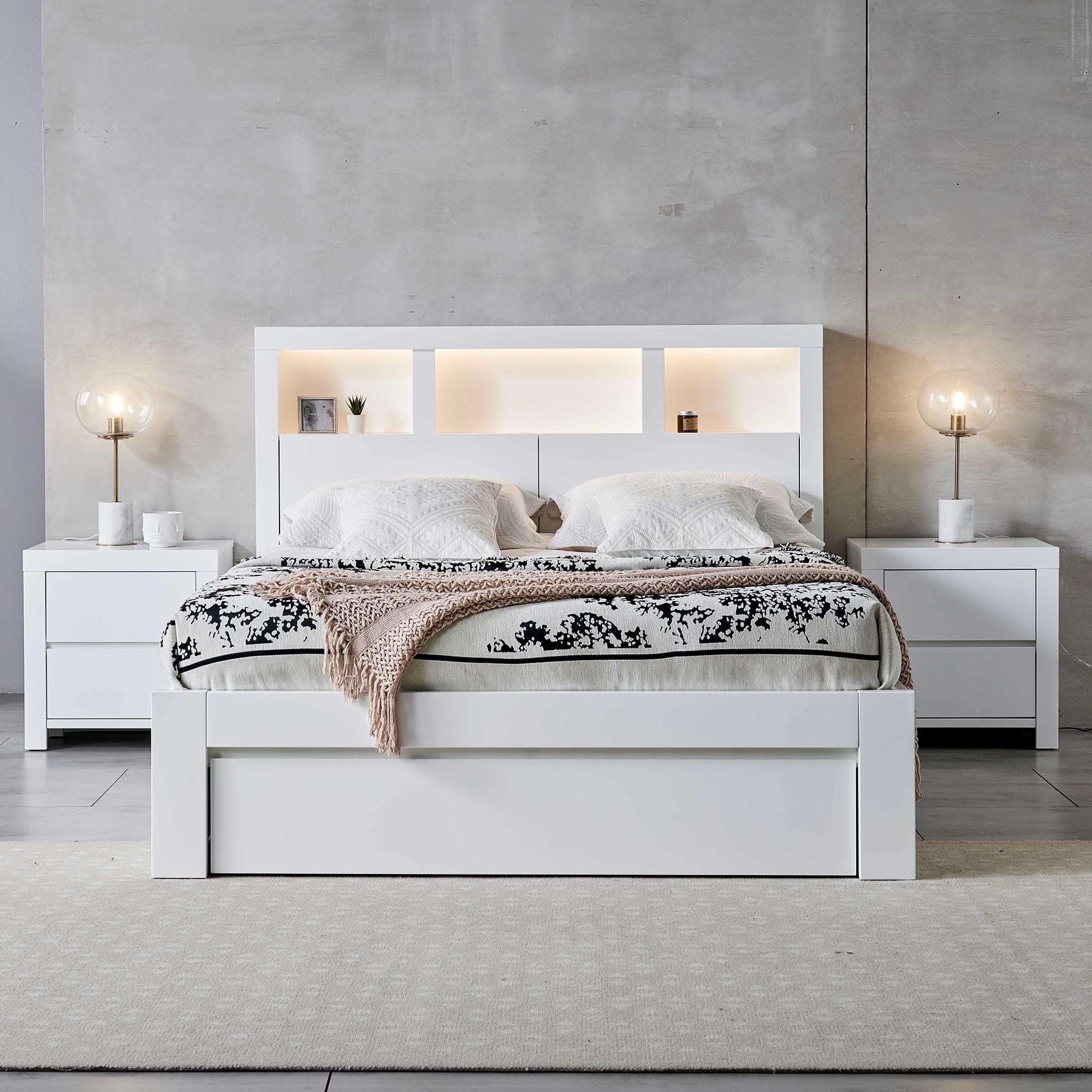 Lifestyle image of the  Lugano Ivory White Qb Bed W/3 Drawers from Forty Winks