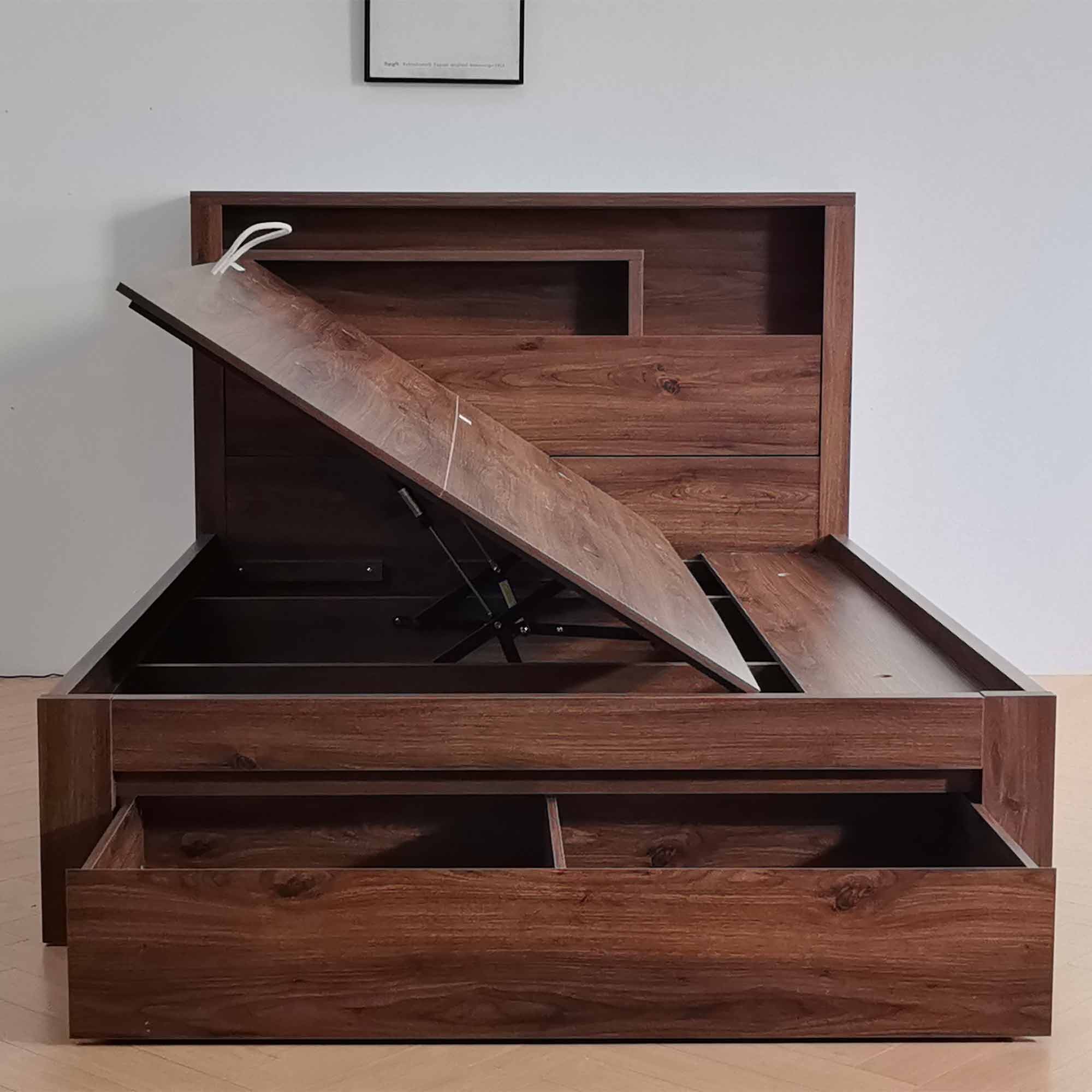 Product image of the  Bellevue Rustic Walnut Qb Bed W/Side Gas Lift & End Drawer Base from Forty Winks