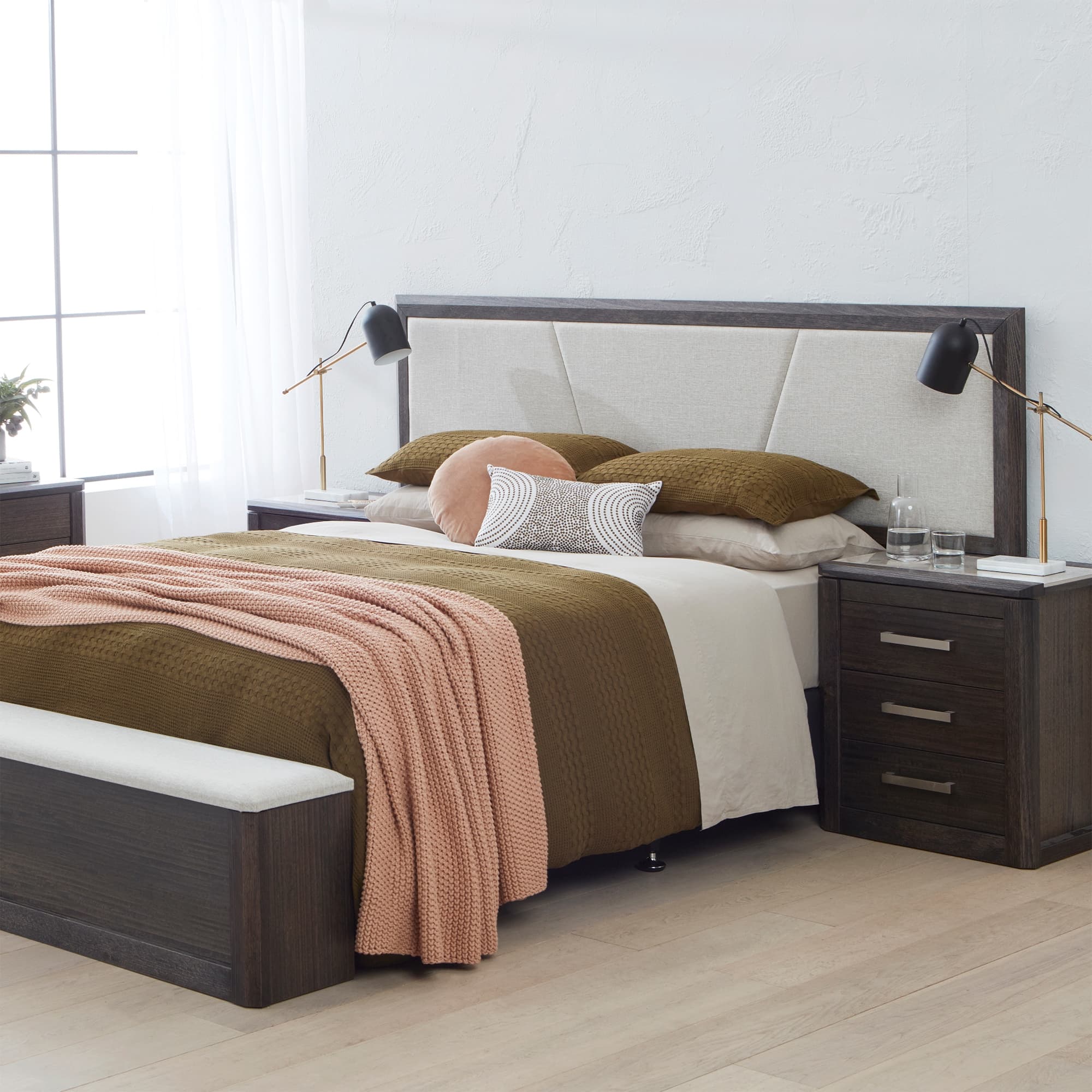 Lifestyle image of the  Maitland Bedside Table 2 Drw W/Tile In Top 480H (Charcoal) from Forty Winks