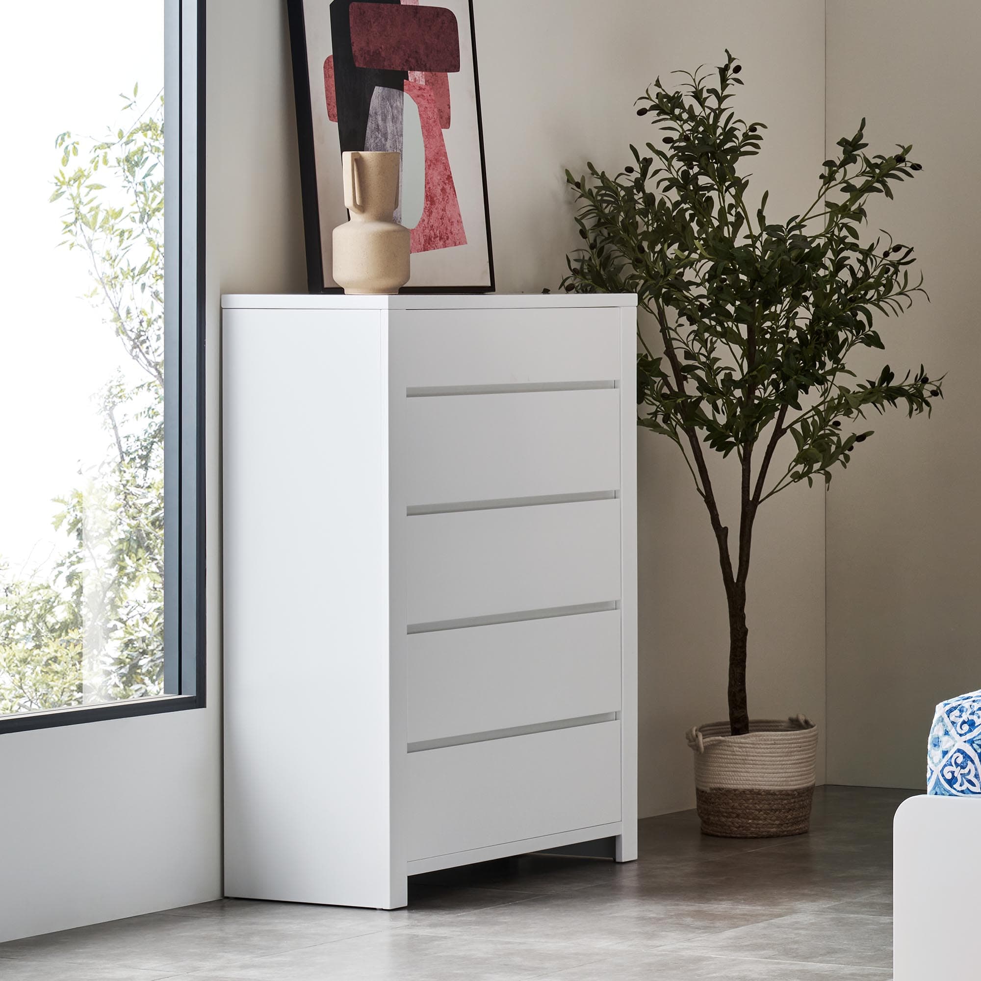 Lifestyle image of the  Lugano Ivory White Tallboy 5 Drawer from Forty Winks