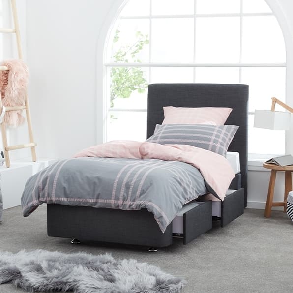Lifestyle image of the  Elara Plain Qb Bedhead (Graphite) from Forty Winks
