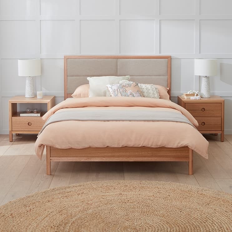 Lifestyle image of the  Airlie Qb Bed Complete W/Upholstered Head (Natural, Keylargo Almond) from Forty Winks