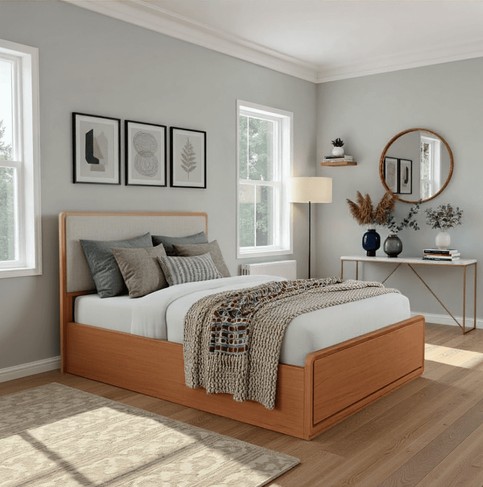 Lifestyle image of the  Valentine Qb Bed W/Upholstered Head & Gas Lift Base from Forty Winks