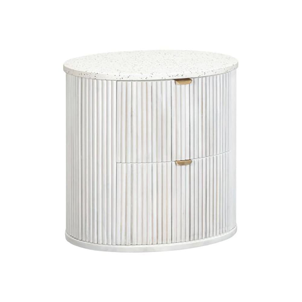 Lifestyle image of the  Razzo Bedside Table 2Drw Whitewash from Forty Winks