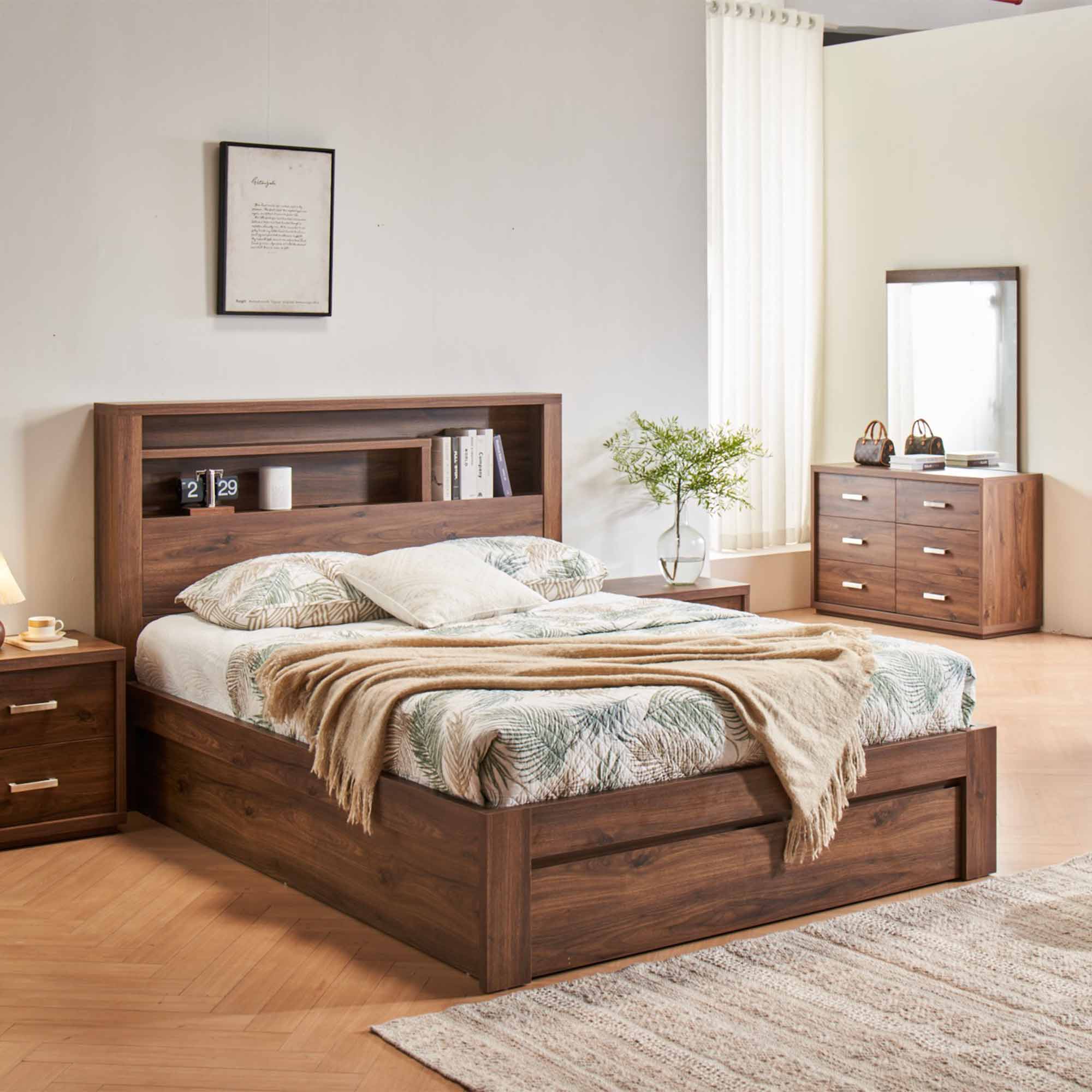 Lifestyle image of the  Bellevue Rustic Walnut Qb Bed W/Side Gas Lift & End Drawer Base from Forty Winks