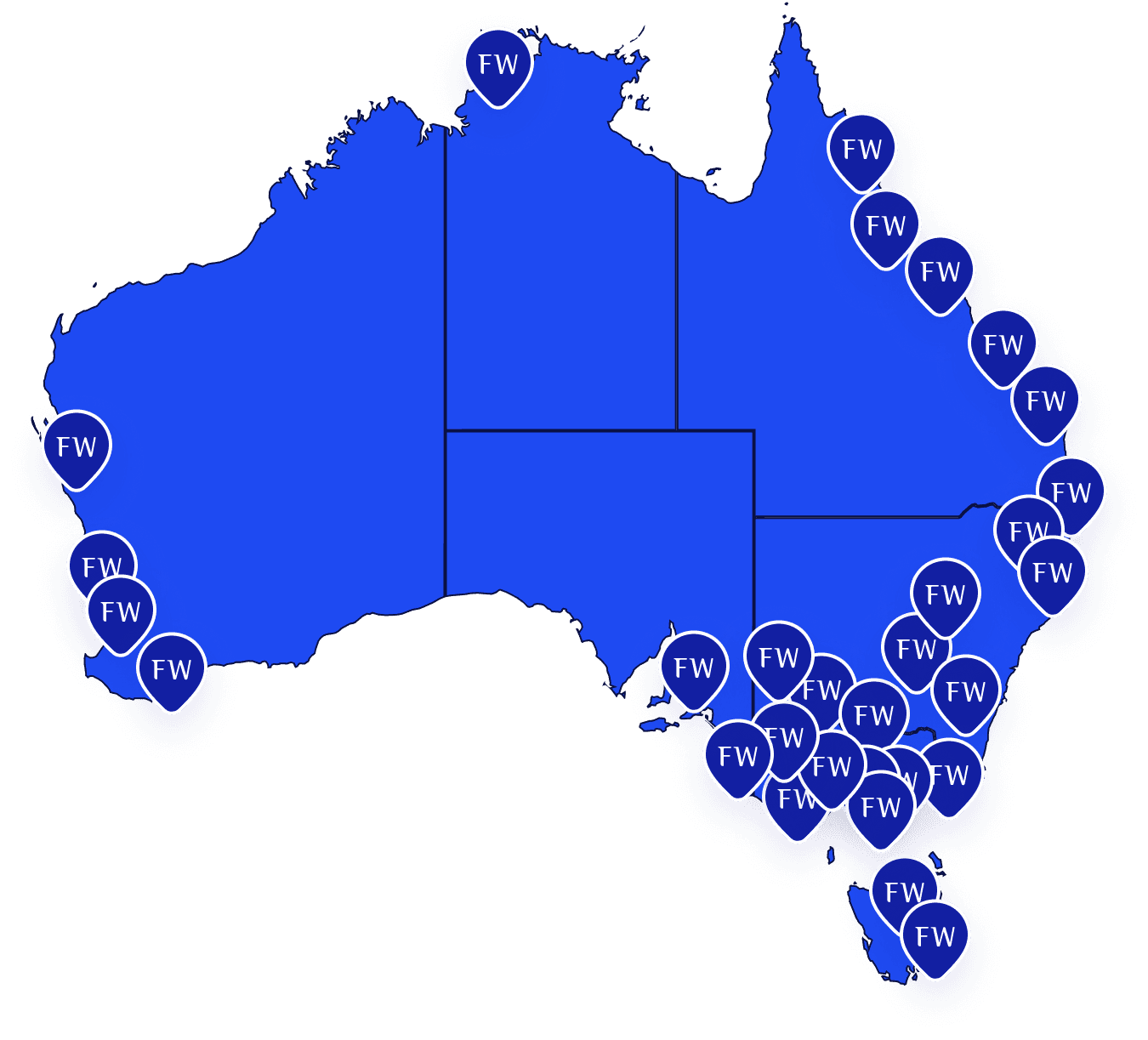 Map of Australia marked with Forty Winks store locations