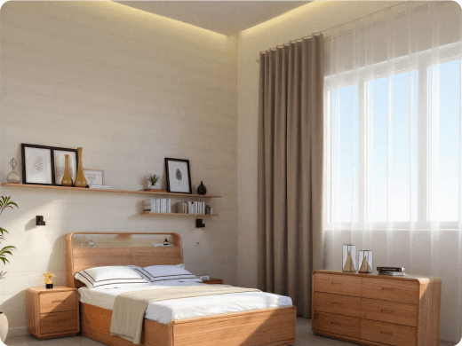A Valentine bed frame styled in a light, modern bedroom