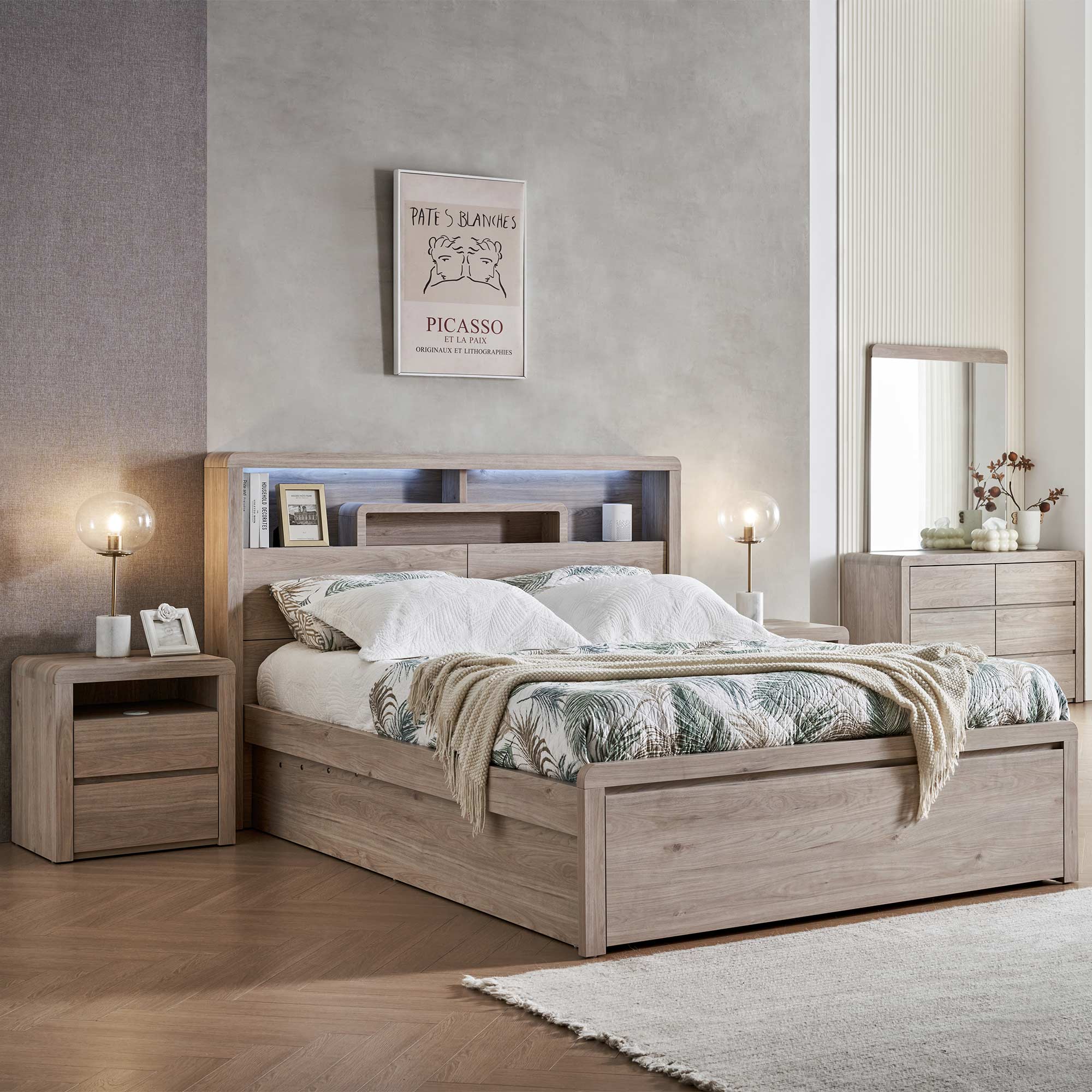 Lifestyle image of the Aria (Milan Oak) Qb Bed W/Front Slat Lift & End Drawer from Forty Winks