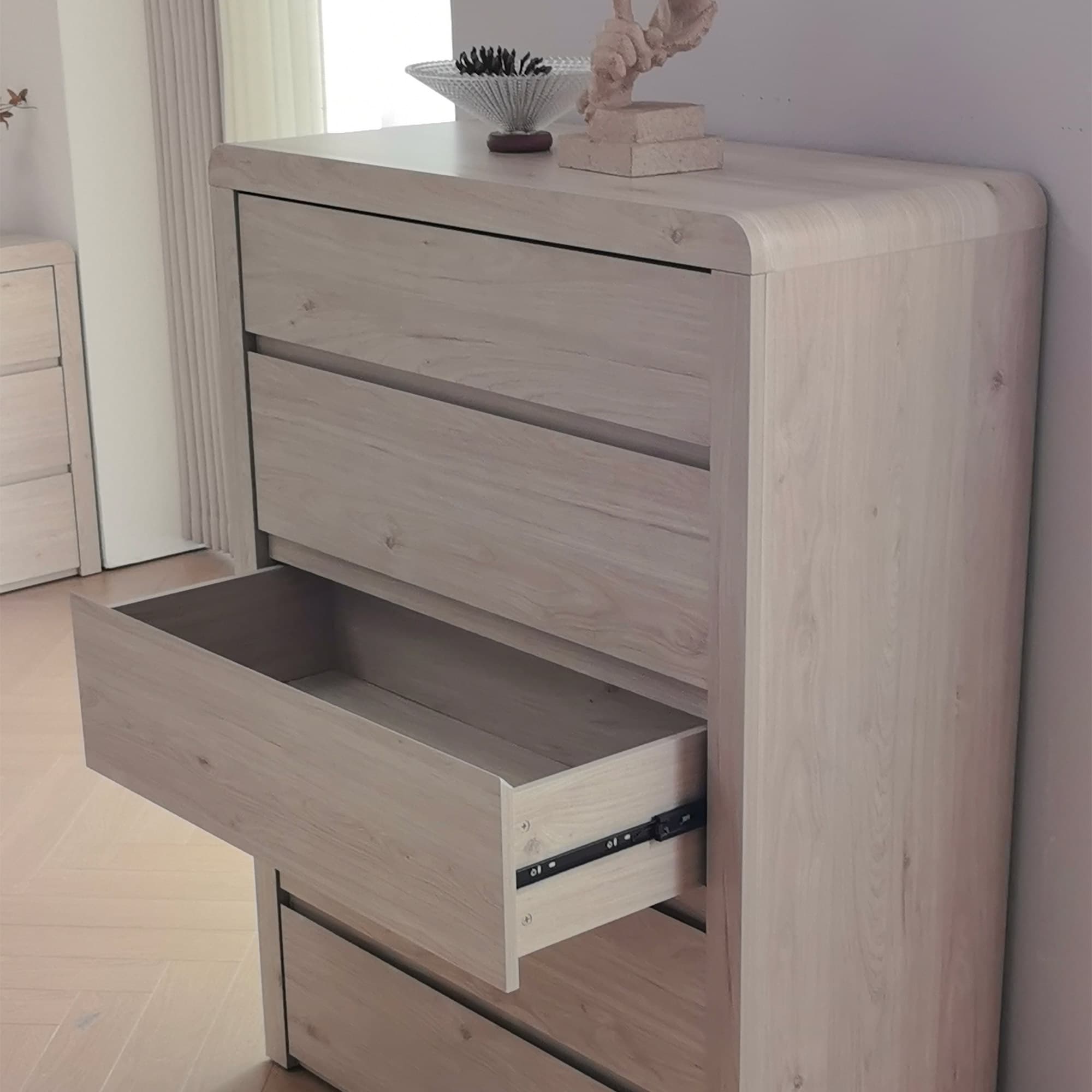 Lifestyle image of the Aria (Milan Oak) Tallboy 5 Drawer from Forty Winks