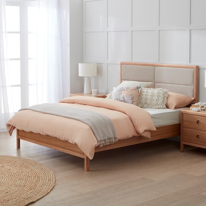 Lifestyle image of the Airlie Qb Bed Complete W/Upholstered Head (Natural, Keylargo Almond) from Forty Winks
