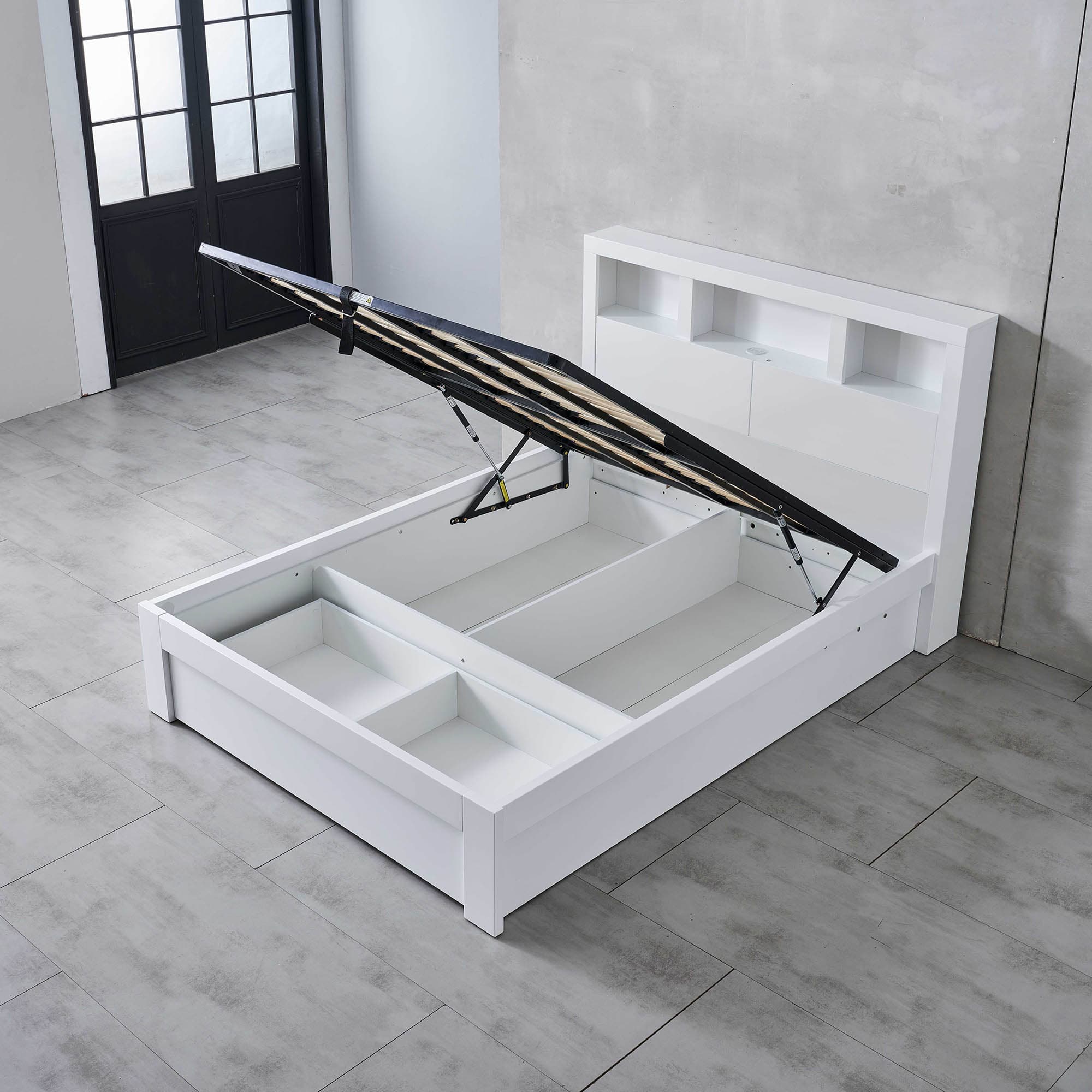 3D image of the Lugano Ivory White Qb Bed W/Front Slat Gas Lift & End Drawer Base from Forty Winks