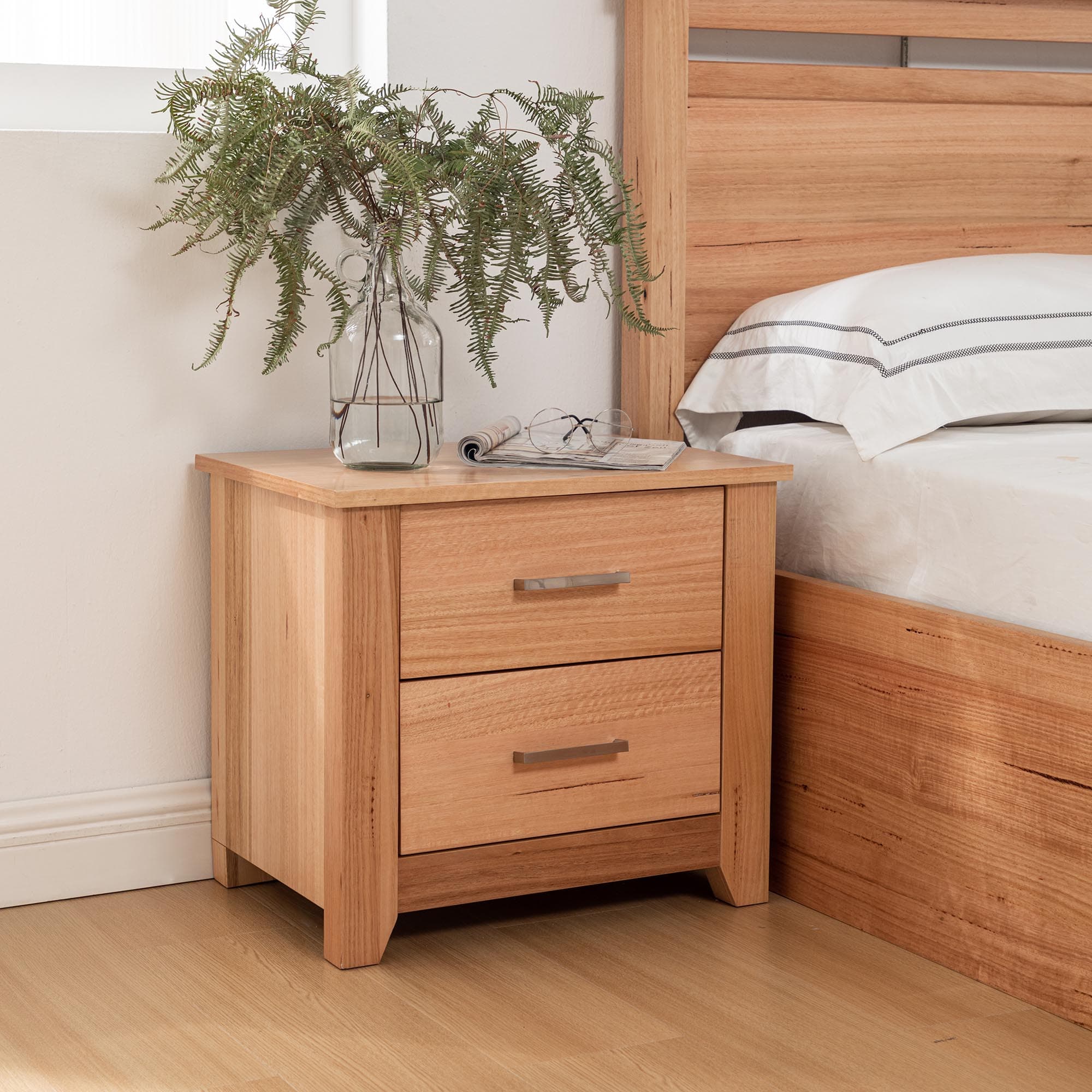 Lifestyle image of the Portland (Natural) Bedside Table 2 Drw from Forty Winks