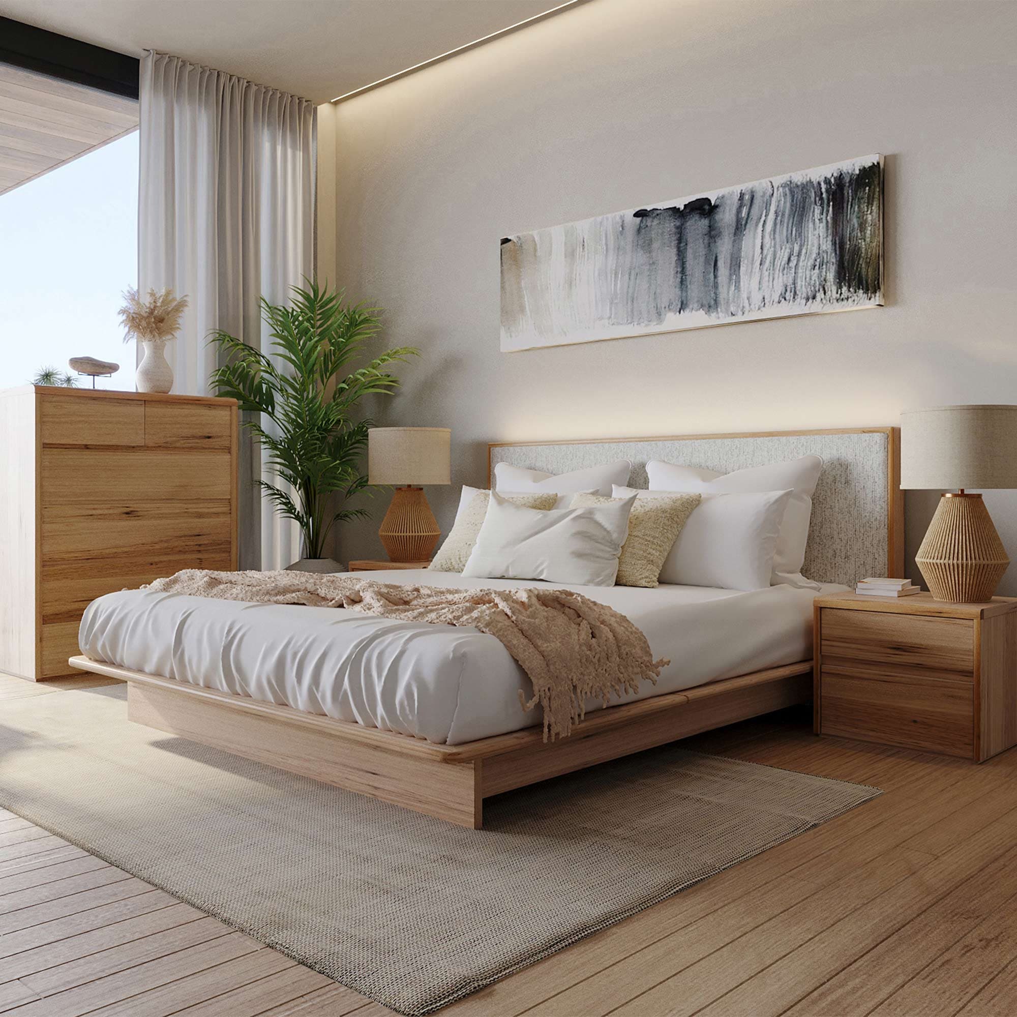 Lifestyle image of the Soho Narrow Qb Bed W/Timber Base (Light Ash, Montague Alabaster) from Forty Winks