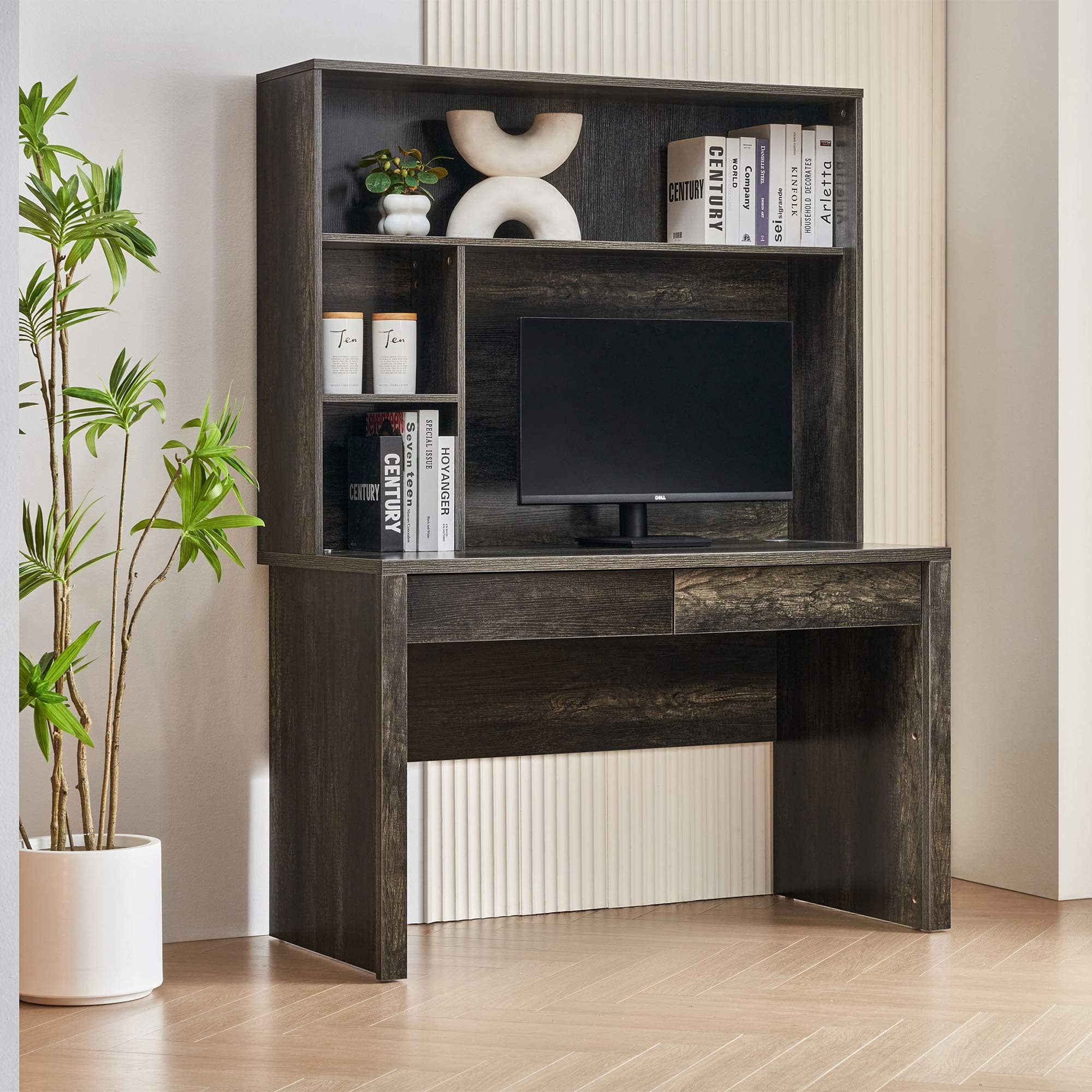 Lifestyle image of the Bellevue Charcoal Study Desk & Hutch, Usb Charger from Forty Winks